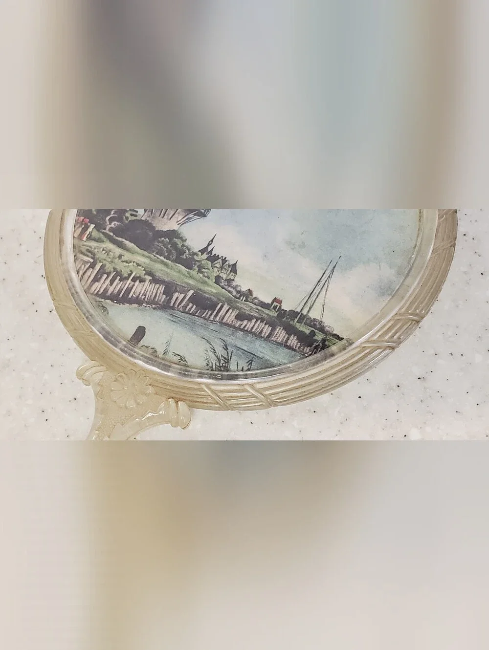 Vintage MCM Lucite Hand Mirror Windmill Landscape Clear Vanity Granny Chic Victo